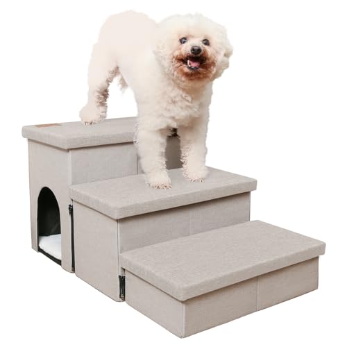 HOMELYSIAN Hundetreppe für hohe Betten, faltbare Haustiertreppe für kleine Hunde und Katzen mit Stauraum und Höhle, rutschfeste Hundetreppe für Couch und Bett bis zu 55,9 cm (3 Stufen, Beige) von HOMELYSIAN