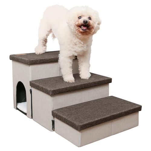 HOMELYSIAN Hundetreppe für hohe Betten, faltbare Haustiertreppe für kleine Hunde und Katzen mit Stauraum und Höhle, rutschfeste Hundetreppe für Couch und Bett bis zu 55,9 cm (3 Stufen, Beige-Braun) von HOMELYSIAN