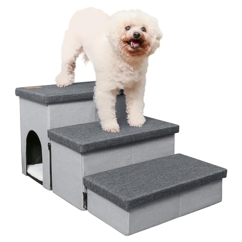 HOMELYSIAN Hundetreppe für hohe Betten, faltbare Haustiertreppe für kleine Hunde und Katzen mit Stauraum und Höhle, rutschfeste Hundetreppe für Couch und Bett bis zu 55,9 cm (3 Stufen, von HOMELYSIAN