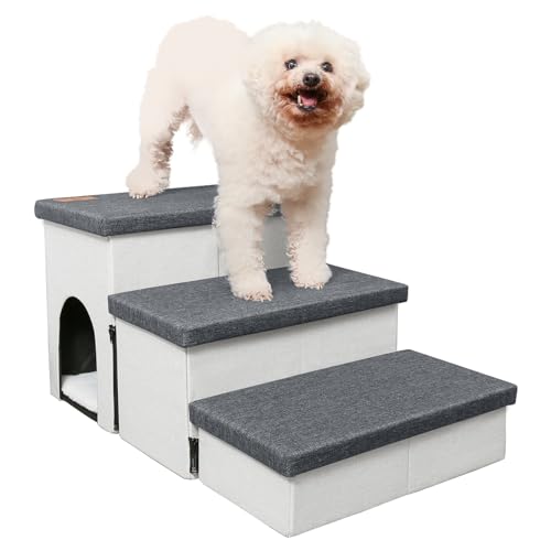 HOMELYSIAN Hundetreppe für hohe Betten, faltbare Haustiertreppe für kleine Hunde und Katzen mit Stauraum und Höhle, rutschfeste Hundetreppe für Couch und Bett bis zu 55,9 cm (3 Stufen, von HOMELYSIAN