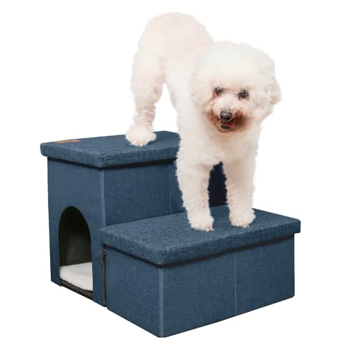 HOMELYSIAN Hundetreppe für hohe Betten, zusammenklappbare Haustiertreppe für kleine Hunde und Katzen mit Stauraum und Höhle, rutschfeste Hundetreppe für Couch und Bett bis zu 55,9 cm (2 Stufen, von HOMELYSIAN