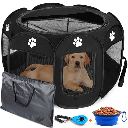 Homerealm Hunde-Laufstall für kleine, mittelgroße und große Hunde Tragbares Hundegehege, zusammenklappbar, für drinnen und draußen, mit zusätzlichem Spielzeug und Tasche, klein, Schwarz von HOMEREALM