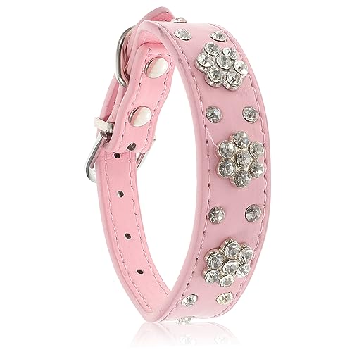 HOMFAMINI Verstellbares PU Sicherheitshalsband Im Blumenstil Für Hunde Und Welpen Mit Strasssteinen Größe XS Rosa Perfekt Für Geburtstage von HOMFAMINI