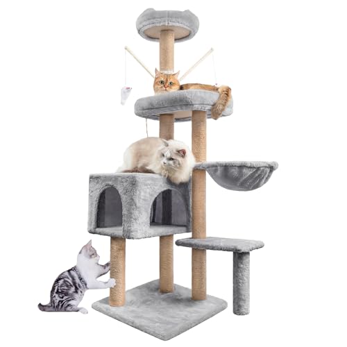 Katzen Kratzbaum, 145 cm Katzenbaum Kletterturm Kletterbaum Aktivitätskratzbäum mit Katzenspielzeug von HOMIDEC