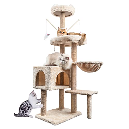 Katzenbaum, Kratzbaum für Katzen, Höhe 120 cm, mit Spielbällen und Hängematte, Beige von HOMIDEC