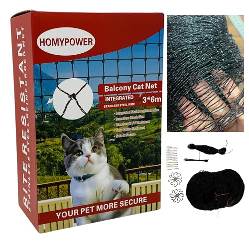 HOMYPOWER Katzennetz Balkon, Edelstahl verstärkt Bissriss UV- und witterungsbeständig Anti-Fall Netz für Haustiere, Sicherheitsnetz für Katze, kleines Catio für Wohnung Balkon Schutz (3.0x6.1m) von HOMYPOWER