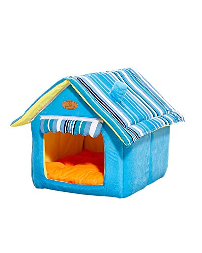 HONGBI Faltbare Katzenhaus,Schön Hundehütte Winter Hundehöhle Hundebett Tierbett Katzenbett Weich und Warm Katzenhöhle Haustier Haus mit Abnehmbarem Matratze Blau S von HONGBI