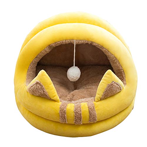 HONGBI Halbgeschlossen Komfort Plüsch Warme Winter Katzenhöhle Katzenbett Haustier Faltbar Schlafsack gemütliches Zelt Kuschelhöhle mit hängendem Ball für kleine Puppy AGelb L:Diameter:50CM von HONGBI