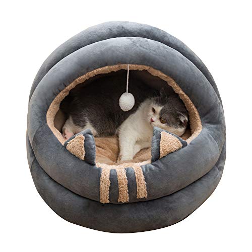 HONGBI Halbgeschlossen Komfort Plüsch Warme Winter Katzenhöhle Katzenbett Haustier Faltbar Schlafsack gemütliches Zelt Kuschelhöhle mit hängendem Ball für kleine Puppy AGrau S:Diameter:35CM von HONGBI