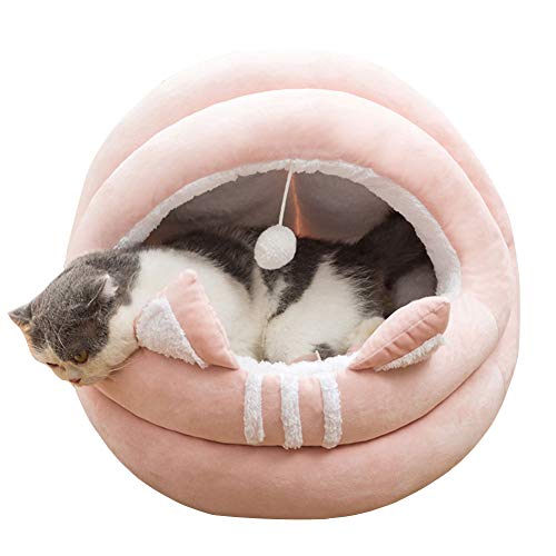 HONGBI Halbgeschlossen Komfort Plüsch Warme Winter Katzenhöhle Katzenbett Haustier Faltbar Schlafsack gemütliches Zelt Kuschelhöhle mit hängendem Ball für kleine Puppy APink L:Diameter:50CM von HONGBI