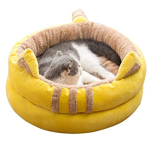 HONGBI Halbgeschlossen Komfort Plüsch Warme Winter Katzenhöhle Katzenbett Haustier Faltbar Schlafsack gemütliches Zelt Kuschelhöhle mit hängendem Ball für kleine Puppy BGelb L:Diameter:50CM von HONGBI