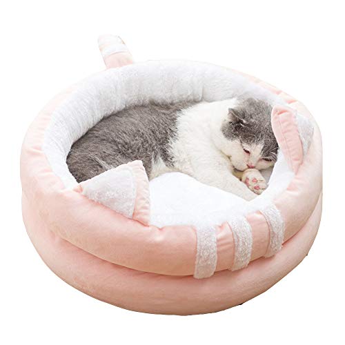 HONGBI Halbgeschlossen Komfort Plüsch Warme Winter Katzenhöhle Katzenbett Haustier Faltbar Schlafsack gemütliches Zelt Kuschelhöhle mit hängendem Ball für kleine Puppy BPink L:Diameter:50CM von HONGBI