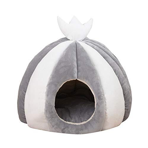 HONGBI Halbgeschlossen Warme Winter Dicker Velours Kuschelhöhle mit Wendekissen Katzenkorb,Rutschfestes Welpenhaus Kuscheliger Schlafplatz Katzenbett für kleine Hundekatze Grau 50 * 50CM von HONGBI