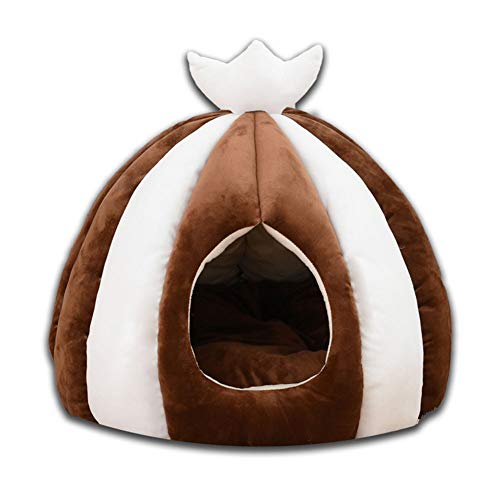 HONGBI Halbgeschlossen Warme Winter Dicker Velours Kuschelhöhle mit Wendekissen Katzenkorb,Rutschfestes Welpenhaus Kuscheliger Schlafplatz Katzenbett für kleine Hundekatze Kaffee 50 * 50CM von HONGBI