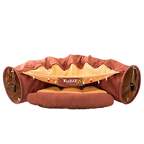 HONGBI Katzentunnel Katzenbett 2 in 1, Zusammen Klappbare Abnehmbare, mit Kleine Ball, für Katzen Kaninchen Welpe, Plüsch Katzenbett, Katzenspielzeug Braun L126cm+D27cm+L57cm von HONGBI