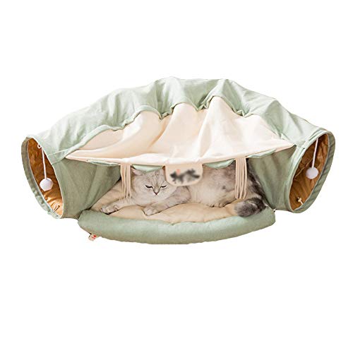 HONGBI Katzentunnel Katzenbett 2 in 1, Zusammen Klappbare Abnehmbare, mit Kleine Ball, für Katzen Kaninchen Welpe, Plüsch Katzenbett, Katzenspielzeug Grün L126cm+D27cm+L55cm von HONGBI