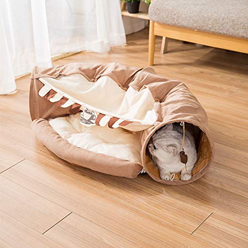 HONGBI Katzentunnel Katzenbett 2 in 1, Zusammen Klappbare Abnehmbare, mit Kleine Ball, für Katzen Kaninchen Welpe, Plüsch Katzenbett, Katzenspielzeug Kaffee L126cm+D27cm+L56cm von HONGBI