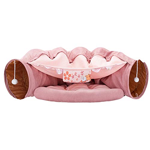 HONGBI Katzentunnel Katzenbett 2 in 1, Zusammen Klappbare Abnehmbare, mit Kleine Ball, für Katzen Kaninchen Welpe, Plüsch Katzenbett, Katzenspielzeug Rosa L126cm+D27cm+L58cm von HONGBI