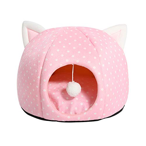 HONGBI Plüsch Warm Vlies Cartoon Haustierbett,Halbgeschlossen Katze-Welpen-Hundehütte rutschfest Katzenbett Abnehmbar Hundehöhle Waschbar Kuschelhöhle Rosa Punkt L:50 * 47 * 36CM von HONGBI