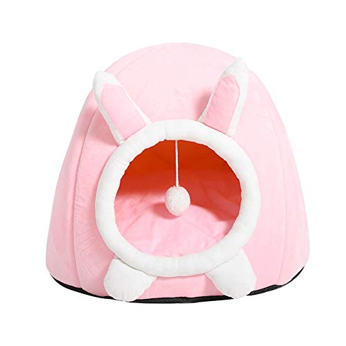 HONGBI Plüsch Warm Vlies Cartoon Haustierbett,Halbgeschlossen Katze-Welpen-Hundehütte rutschfest Katzenbett Abnehmbar Hundehöhle Waschbar Kuschelhöhle Rosa S:36 * 35 * 25CM von HONGBI