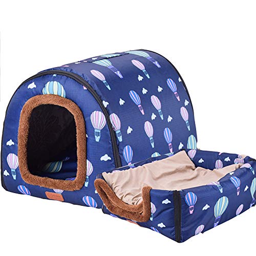 HONGBI Tragbar Faltbare Hundebett Katzenbett Hundehöhle Hundehütte, 2 in 1 Haustier Haus und Sofa für Katze, Kätzchen, Hündchen nd Kaninchen mit Abnehmbar Matte Blau mit bunten Kugeln 3XL von HONGBI