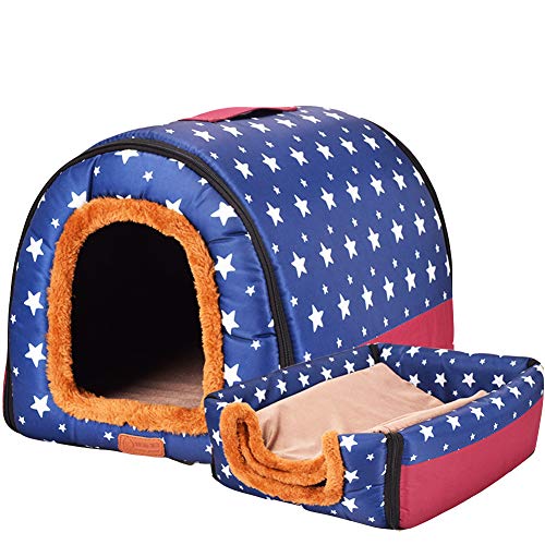 HONGBI Tragbar Faltbare Hundebett Katzenbett Hundehöhle Hundehütte, 2 in 1 Haustier Haus und Sofa für Katze, Kätzchen, Hündchen nd Kaninchen mit Abnehmbar Matte Blau mit weißem Stern 2XL von HONGBI