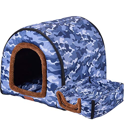 HONGBI Tragbar Faltbare Hundebett Katzenbett Hundehöhle Hundehütte, 2 in 1 Haustier Haus und Sofa für Katze, Kätzchen, Hündchen nd Kaninchen mit Abnehmbar Matte Blaue Tarnfarbe 3XL von HONGBI