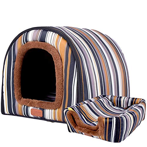 HONGBI Tragbar Faltbare Hundebett Katzenbett Hundehöhle Hundehütte, 2 in 1 Haustier Haus und Sofa für Katze, Kätzchen, Hündchen nd Kaninchen mit Abnehmbar Matte Bunte Streifen 3XL von HONGBI