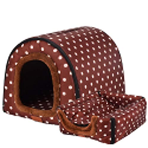 HONGBI Tragbar Faltbare Hundebett Katzenbett Hundehöhle Hundehütte, 2 in 1 Haustier Haus und Sofa für Katze, Kätzchen, Hündchen nd Kaninchen mit Abnehmbar Matte Kaffee mit Punkten 3XL von HONGBI