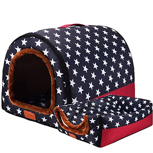 HONGBI Tragbar Faltbare Hundebett Katzenbett Hundehöhle Hundehütte, 2 in 1 Haustier Haus und Sofa für Katze, Kätzchen, Hündchen nd Kaninchen mit Abnehmbar Matte Schwarz mit weißem Stern 2XL von HONGBI