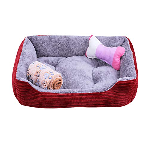 HONGBI Weich Hundebett Maschinenwaschbar mit Rutschfester Boden, Warm Hundeschlafplatz Hundematratze Hundesofa Hundekorb, Plüsch Haustierbett Purpurrotes Bett + Decke + Spielzeug 90 * 70cm von HONGBI