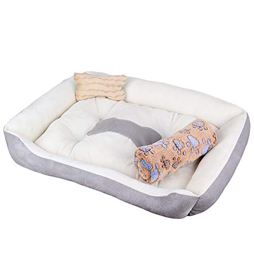 Hundebett Hundekissen, Waschbares Hundebett mit Rand, Hundesofa für Kleine, Mittlere und Grosse Hunde, Rutschfestes Hundekörbchen, Robust und Gemütlich grau beige + Decke M von HONGBI