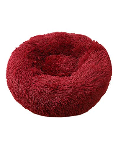 Rundes Haustierbett für Katzen und Hunde Katzenbett Schöne Tierbett Plüsch Hundebett in Doughnut Form Klein Hund Bett Weich Katze Schlafen Bett Hundesofa Katzensofa Katzennest Rotwein 40CM von HONGBI