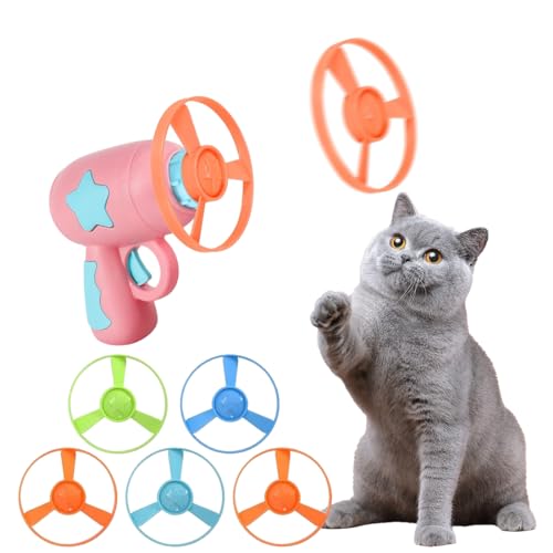 HONGECB Cat Fetch Toy - Fliegender Propeller Disc Katzenspielzeug | Packung mit 1 Launchers und 5 Propellers Zufällige Farbe | Katze Chasing Spielzeug für Interactive Training Jagd Schlagen von HONGECB