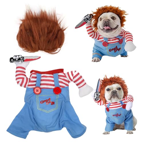 Hundekleidung Lustige, Halloween Kostüme Für Hunde, Haustier Kleidung, Haustier Halloween Kleidung, Haustiere Kostüm, Haustiere Hund Jumpsuit Für Halloween Karneval Party, Mit Messer Perücke von HONGECB