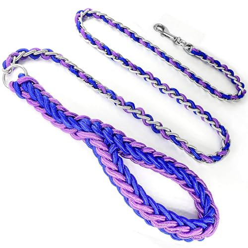 Hundeleine mit reflektierendem Halsband, Nylonseil und Metallkette für Haustierleinen. 1,8 m, robust, kaufest, für mittelgroße und große Hunde (Medium, Blau und Lila) von HONGSAGE