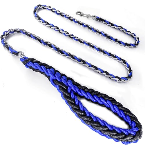 Hundeleine mit reflektierendem Halsband, Nylonseil und Metallkette für Haustierleinen. 1,8 m, robust, kaufest, für mittelgroße und große Hunde (Medium, Blau & Schwarz) von HONGSAGE