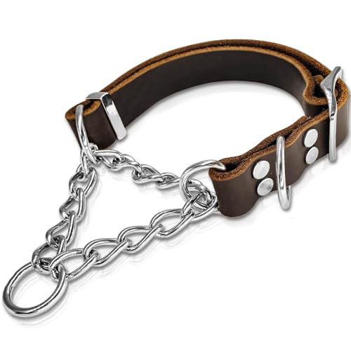 Martingale-Hundehalsband aus Leder, weiches echtes Rindsleder, handgefertigt, montierte Edelstahlkette, Martingal-Halsband, verstellbar für mittelgroße und große Hunde und Haustiere. (L, Halsumfang von HONGSAGE