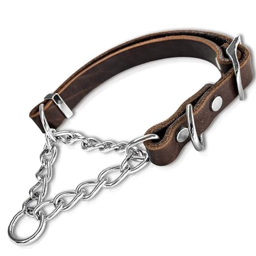 Martingale-Hundehalsband aus Leder, weiches echtes Rindsleder, handgefertigt, montierte Edelstahlkette, Martingale-Halsband, verstellbar für mittelgroße und große Hunde, Haustiere (M, Halsumfang von HONGSAGE