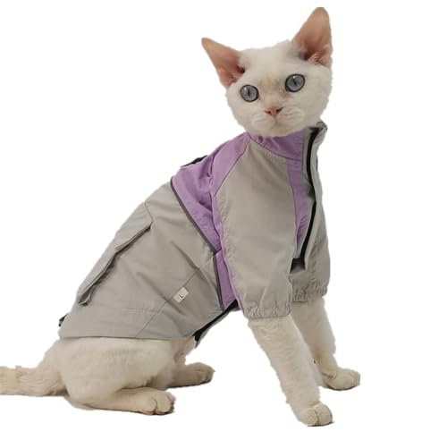 HONGSUO Sphynx-Katzenbekleidung, Wind- Und wasserdichte Jacke Für Haarlose Katzen Von Devon Mit Traktionsöffnung,Grau (mit Traktionsanschluss),L von HONGSUO