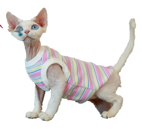 HONGSUO Sphynx-Katzenkleidung, Devon/Haarlose Katze, Gestreifte Elastische Weste, Ärmelloses T-Shirt, Klimaanlagen-Kleidung,Ärmellose Weste,XXL- von HONGSUO