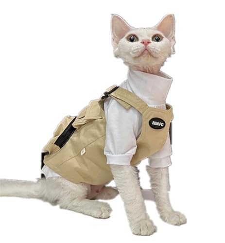 HONGSUO Sphynx-Katzenkleidung Devon/Haarlose Katze Outdoor-Campingweste Wasserdichter Stoff-Traktions-Basishemdanzug,weißes Hemd,L- von HONGSUO
