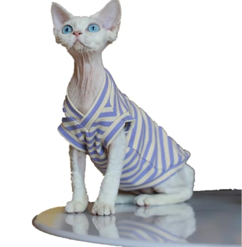 HONGSUO Sphynx-Katzenkleidung Devon/Haarlose Katze Reine Baumwolle V-Ausschnitt Weste Gestreift Ärmelloses T-Shirt Katzenkleidung,lila Streifen,S+ von HONGSUO