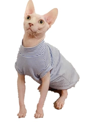 HONGSUO Sphynx-Katzenkleidung Devon/Haarlose Katze Sommer Ärmelloses T-Shirt Aus Reiner Baumwolle Dünn Gestreift Halbarm,Blaue Streifen,XS von HONGSUO