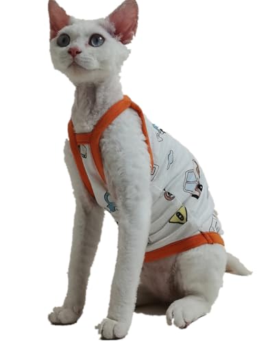 HONGSUO Sphynx-Katzenkleidung Devon/Haarlose Katze Sommer Atmungsaktives Mesh-Unterhemd Aus Reiner Baumwolle Cartoon,Leibchen,M von HONGSUO
