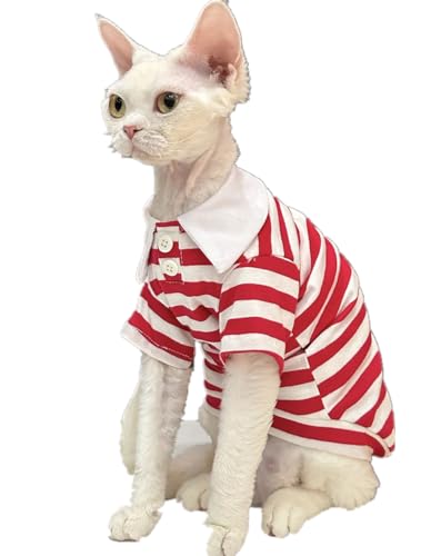 HONGSUO Sphynx-Katzenkleidung Devon/Haarlose Katze Sweatshirt Aus Reiner Baumwolle, Gestreiftes Hemd, Katzenshirt,Kapuzenpullover,L+ von HONGSUO