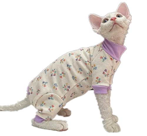 HONGSUO Sphynx-Katzenkleidung Devon/Haarlose Katze Waffel 4-Fuß-Kleidung Blumen-Baumwoll-Sweatshirt Zum Schutz des Bauches Und Zur Verhinderung des Herunterfallens,4-Bein-Sweatshirt,XL- von HONGSUO