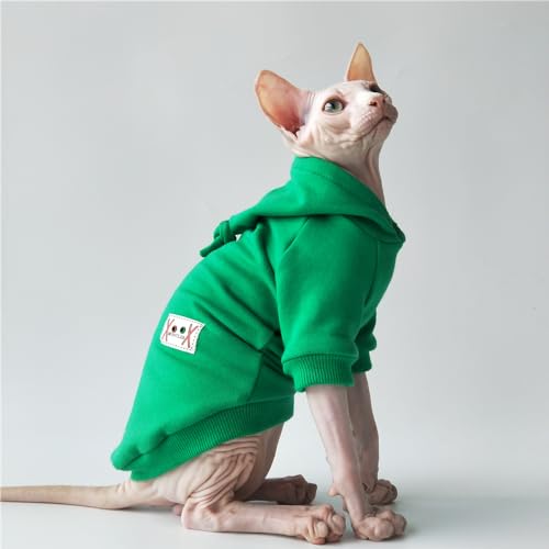 HONGSUO Sphynx-Katzenkleidung Devon/Haarlose Katze Winter-Fleecemantel Mit Kapuze, Baumwoll-Sweatshirt,Grün (normal),XXL von HONGSUO