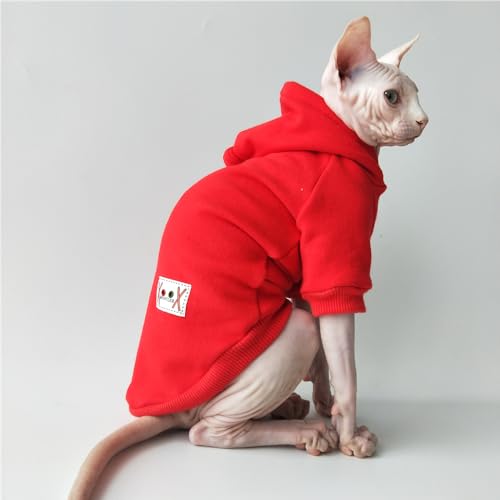 HONGSUO Sphynx-Katzenkleidung Devon/Haarlose Katze Winter-Fleecemantel Mit Kapuze, Baumwoll-Sweatshirt,Rot (Kurze Füße),XL von HONGSUO