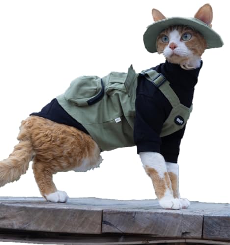 HONGSUO Sphynx-Katzenkleidung Devon/haarlose Katze Campingweste Im Freien Wasserdichter Stoff Traktionsbasishemd Hut,Weste,XL+ von HONGSUO
